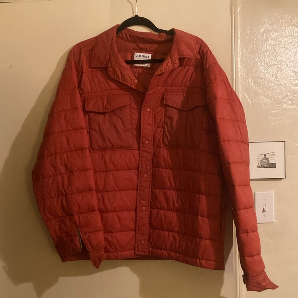 Orange quilted puffer shacket jacket coat